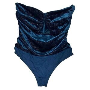 ACOA – Shimmer Ruched Velvet Bodysuit – Deep Teal – S